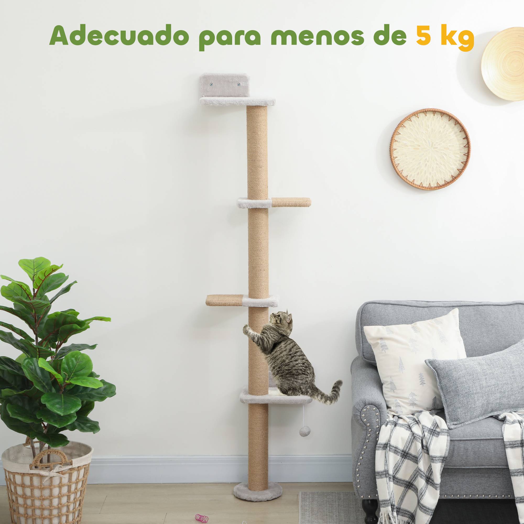 Arbre à Chat Mural 5 Niveaux Gain de Place avec Griffoir Sisal et Jouet Suspendu Gris Clair 180 cm - ComfortXL Outdoor Living - Image 9