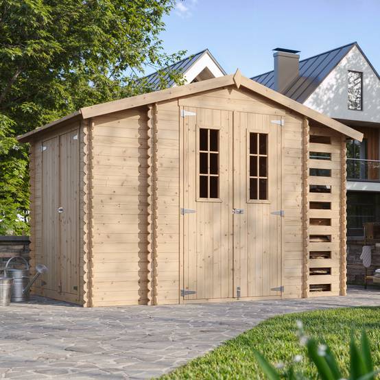 Timbela - Abri de jardin en bois et range bûches extérieur I206xL328xH218 cm / 3,53+0,97+0,97 m² - 19 mm d’épaisseur - Timbela M389C - Image 1