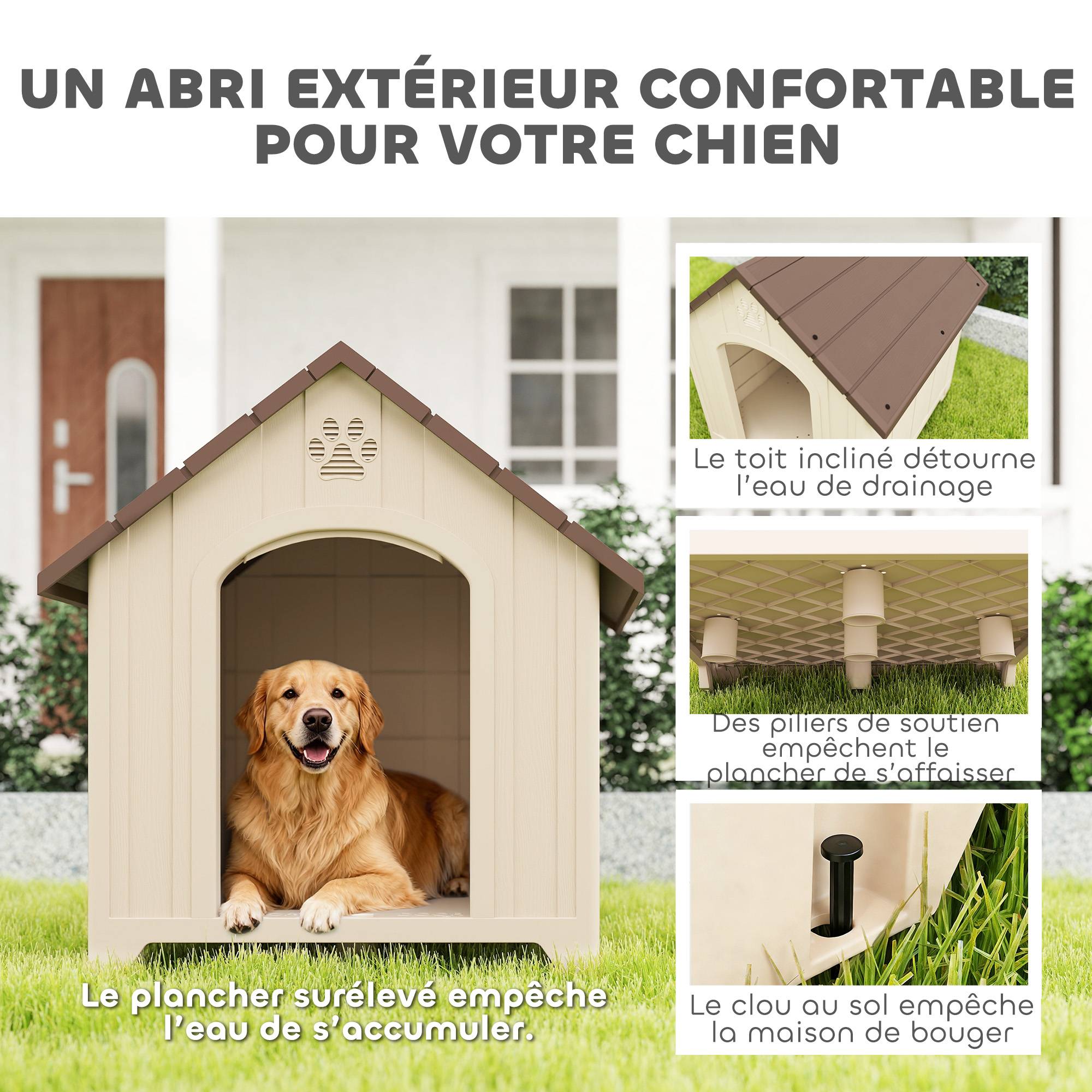 Niche extérieure pour chien polypropylène étanche, ventilée, plancher surélevé, beige - Image 6