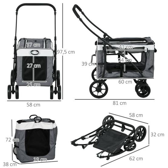 Poussette pour animal jusqu'à 10kg, pliable, panier amovible, 81 x 58 x 97,5 cm, noir + gris + blanc - Image 3