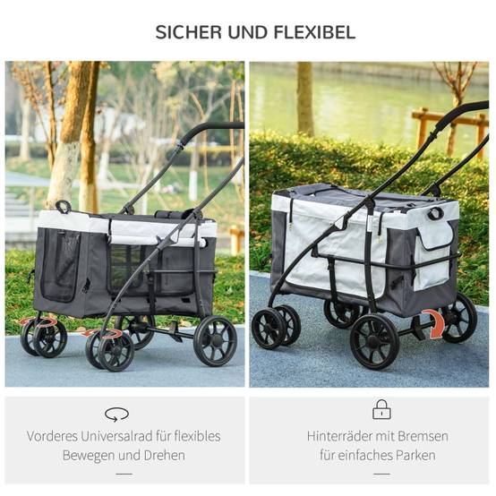 Poussette pour animal jusqu'à 10kg, pliable, panier amovible, 81 x 58 x 97,5 cm, noir + gris + blanc - Image 6