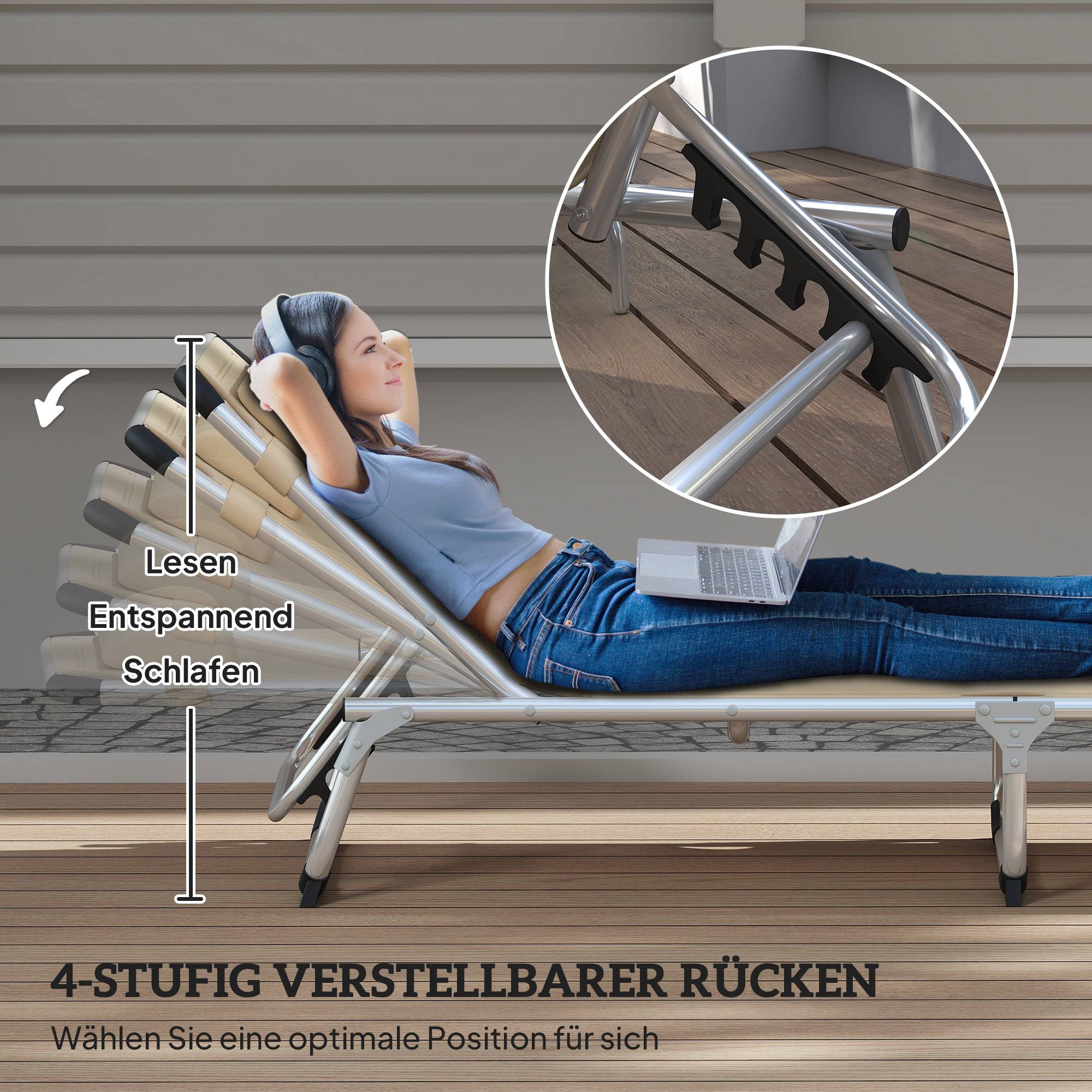 Bain de soleil pliant en aluminium pour jardin et terrasse dossier inclinable beige - ComfortXL Outdoor Living - Image 6