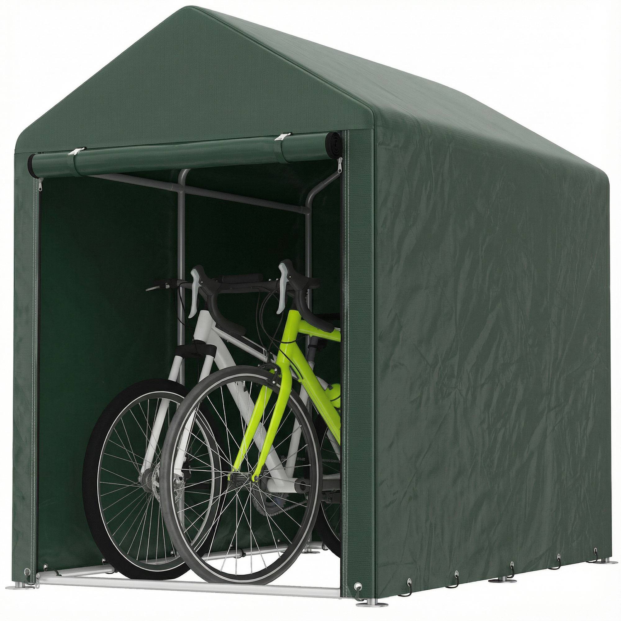 Abri à vélo vert 1,2x1,8x1,65 m avec 2 compartiments et porte zippée anti-UV, rangement extérieur design nature pour vélos et accessoires - Image 1
