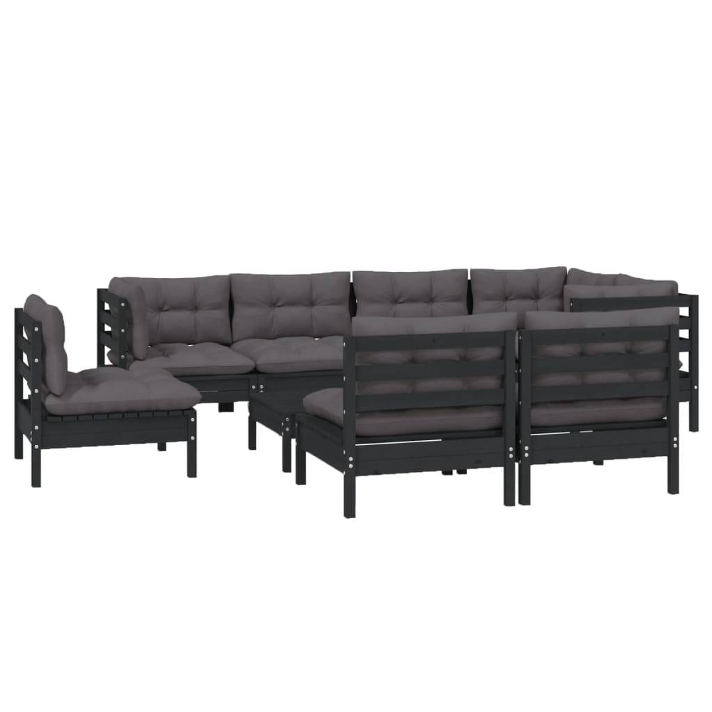 Helloshop26 - Salon de jardin meuble d'extérieur ensemble de mobilier 9 pièces avec coussins noir bois de pin massif
