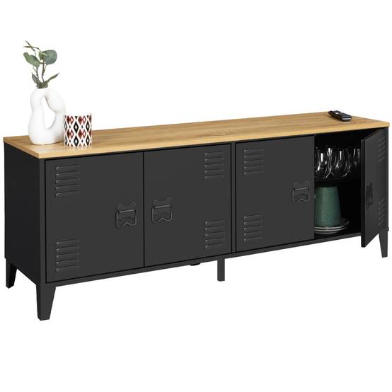 Buffet bas 140 cm ESTER 4 portes métal noir et plateau bois design industriel - Image 4