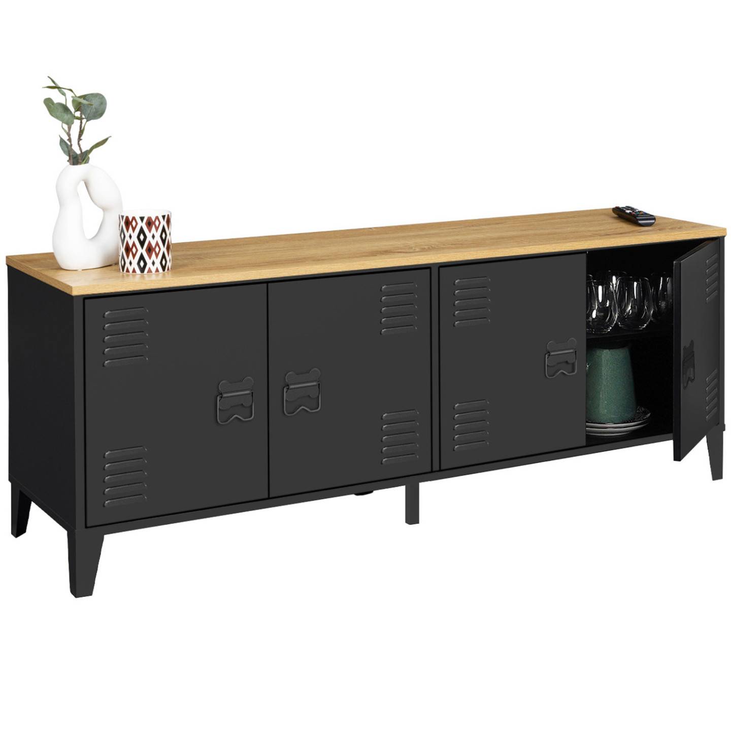 Buffet bas 140 cm ESTER 4 portes métal noir et plateau bois design industriel - Image 4