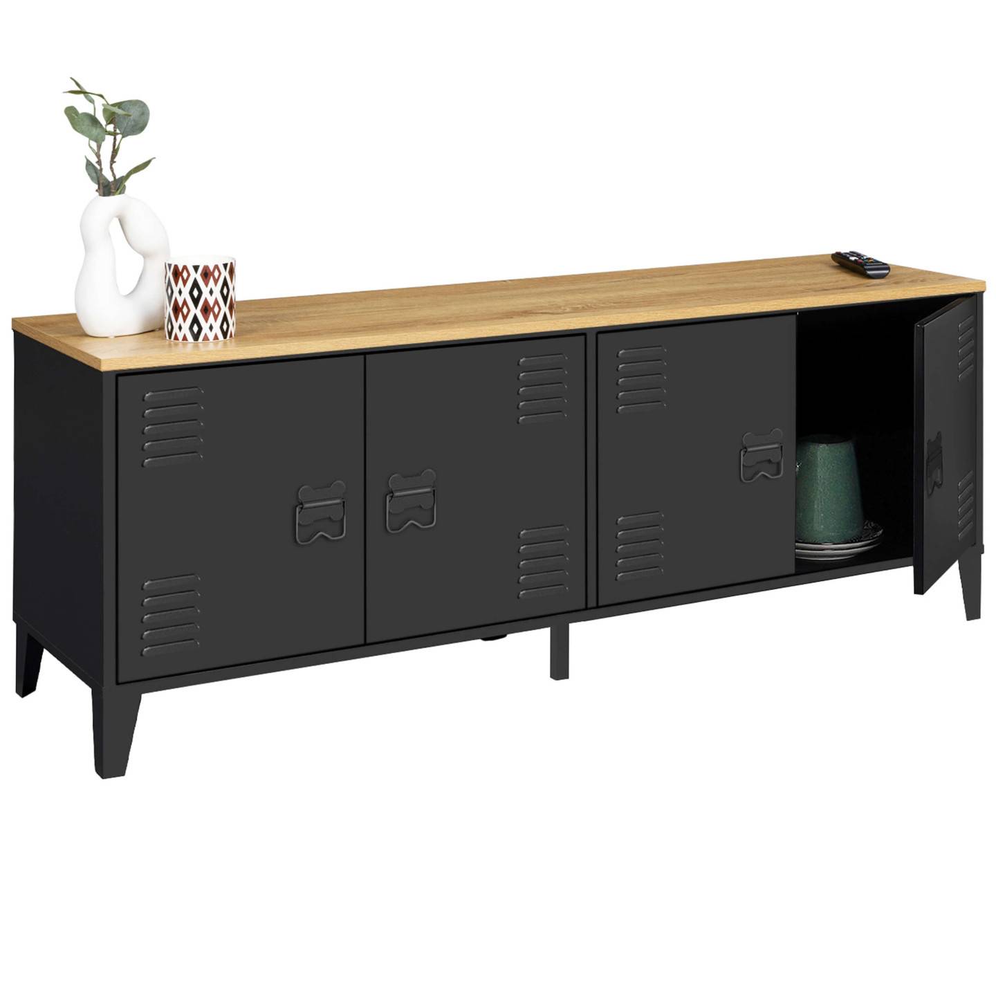Buffet bas 140 cm ESTER 4 portes métal noir et plateau bois design industriel - Image 4
