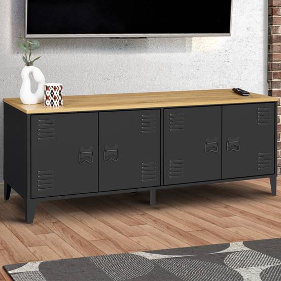 Buffet bas 140 cm ESTER 4 portes métal noir et plateau bois design industriel - Image 1