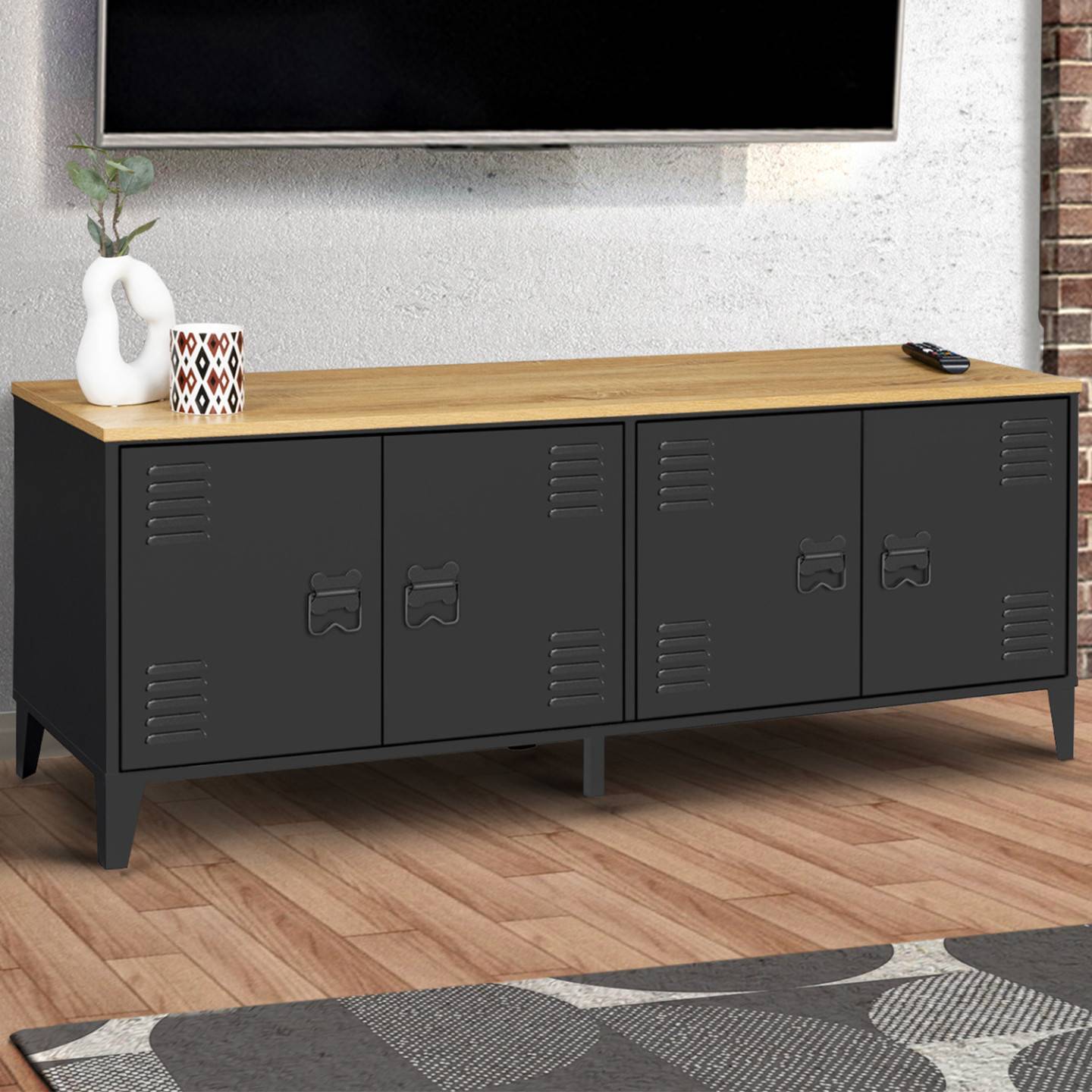 Buffet bas 140 cm ESTER 4 portes métal noir et plateau bois design industriel - Image 1