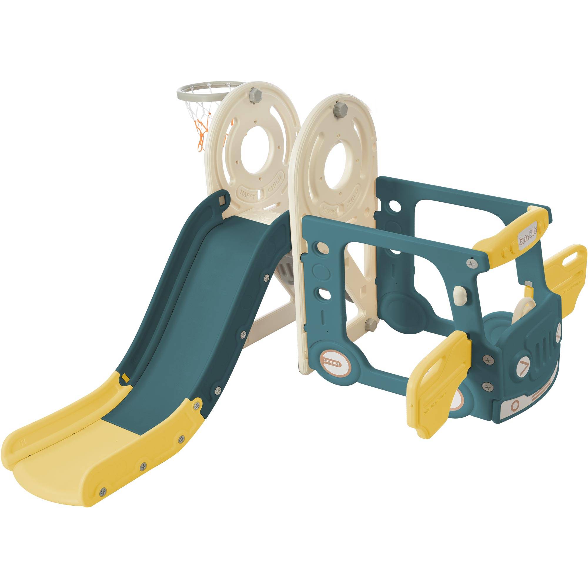 Toboggan Enfant Bus 4-en-1 en PEHD avec Panier de Basket pour Jardin Extérieur – ComfortXL Outdoor Living
