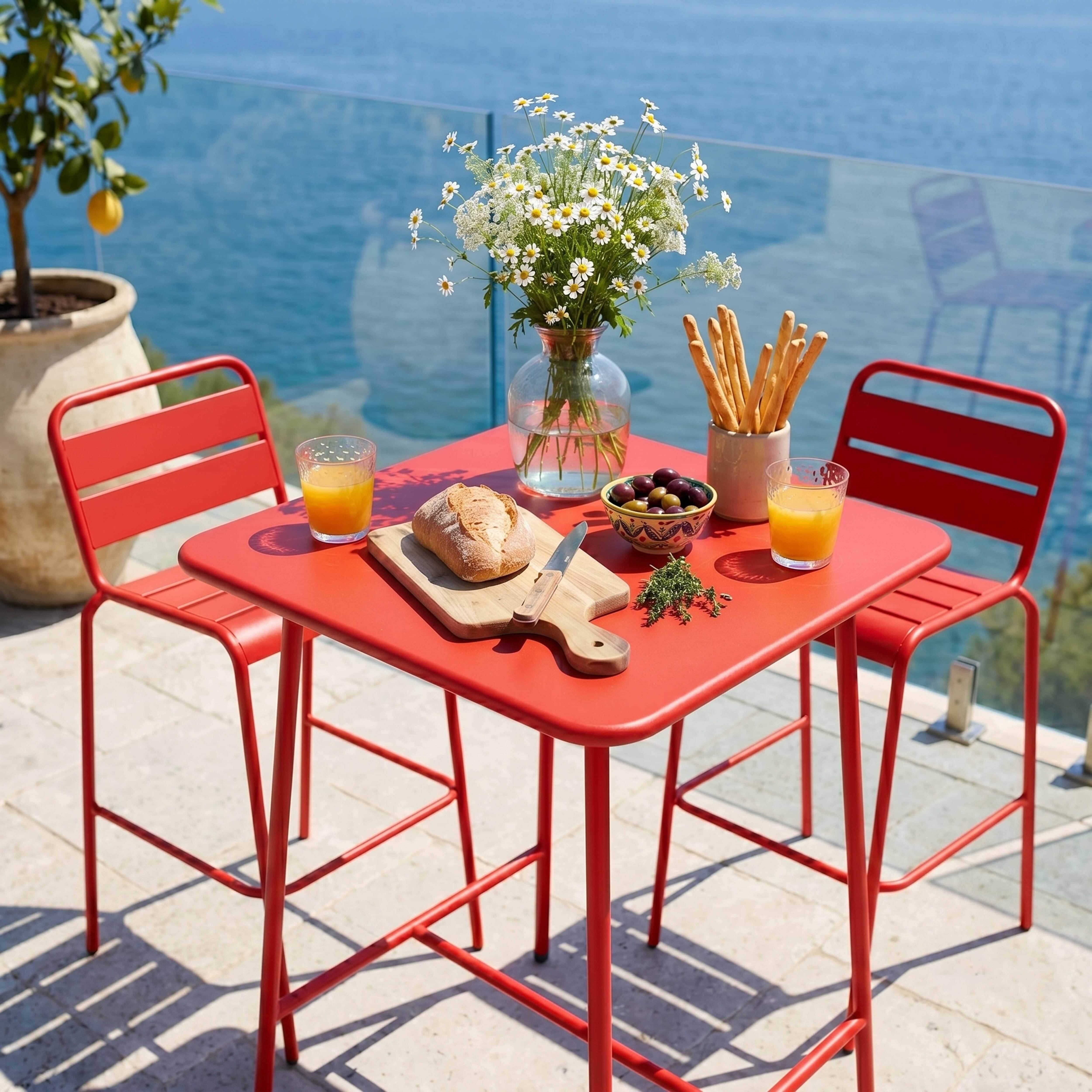 Oviala - Ensemble table de bar et 2 chaises hautes en métal rouge Palavas - Oviala - Imagen 3