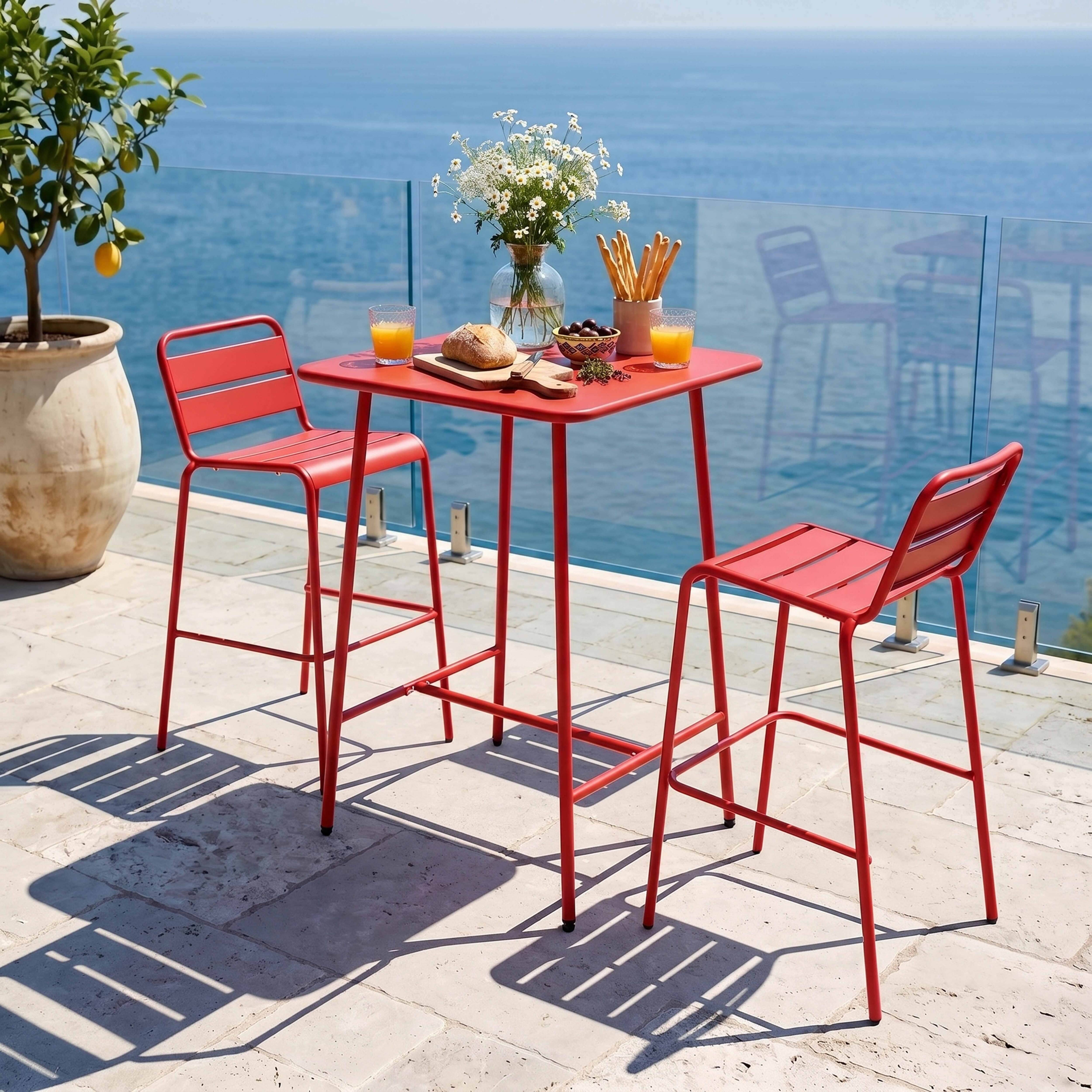 Oviala - Ensemble table de bar et 2 chaises hautes en métal rouge Palavas - Oviala - Imagen 2