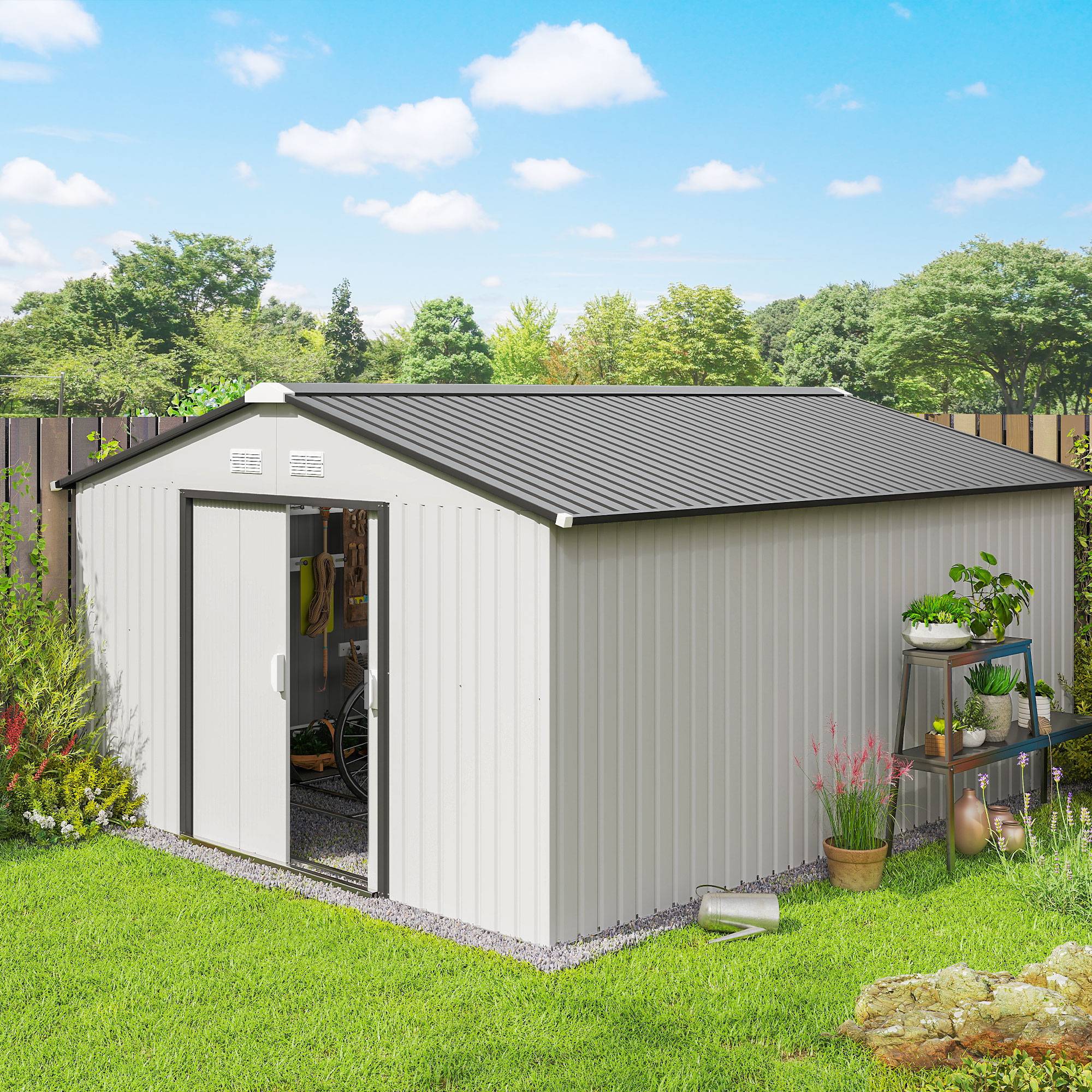 Abri de jardin acier 3,4x3,8x2 m double porte coulissante toit pente rangement extérieur spacieux argent - Image 3