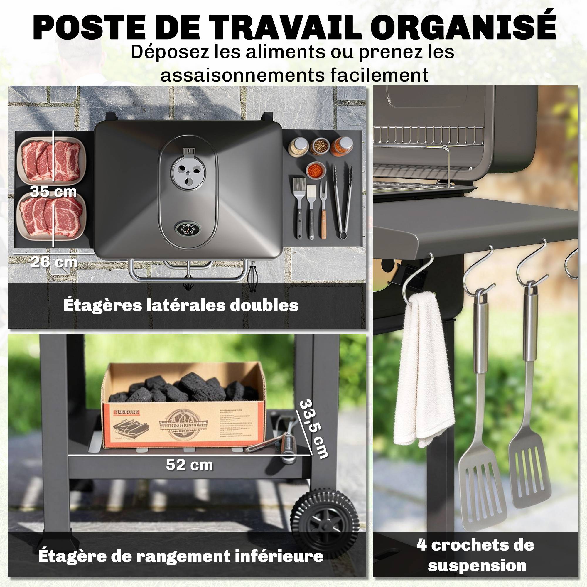 Barbecue Charbon de Bois Chariot Grill de Jardin avec Couvercle XXL Bac à Charbon et Évents Réglables 112cm Noir - Image 9