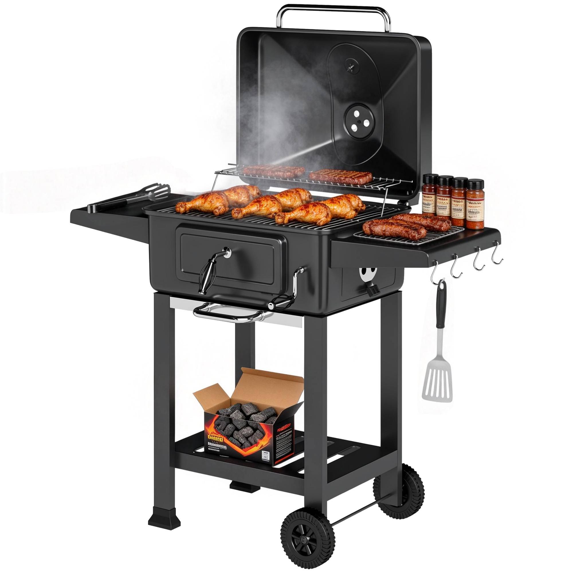 Barbecue Charbon de Bois Chariot Grill de Jardin avec Couvercle XXL Bac à Charbon et Évents Réglables 112cm Noir - Image 1