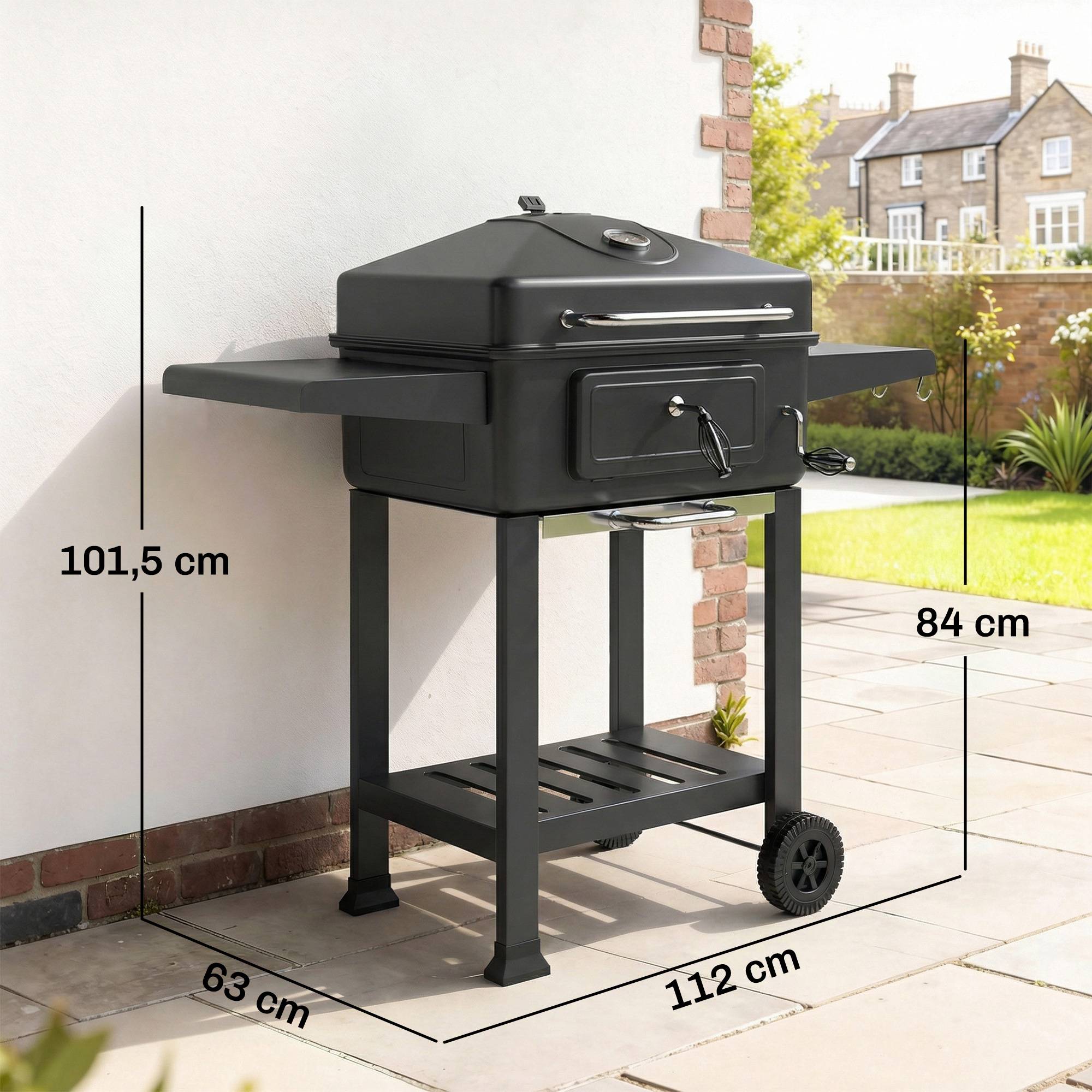 Barbecue Charbon de Bois Chariot Grill de Jardin avec Couvercle XXL Bac à Charbon et Évents Réglables 112cm Noir - Image 5