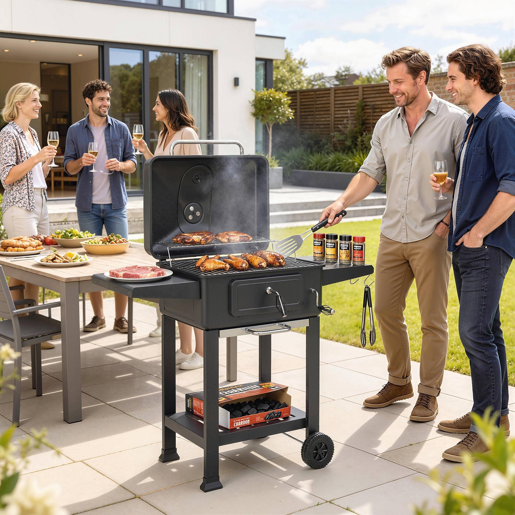 Barbecue Charbon de Bois Chariot Grill de Jardin avec Couvercle XXL Bac à Charbon et Évents Réglables 112cm Noir - Image 3