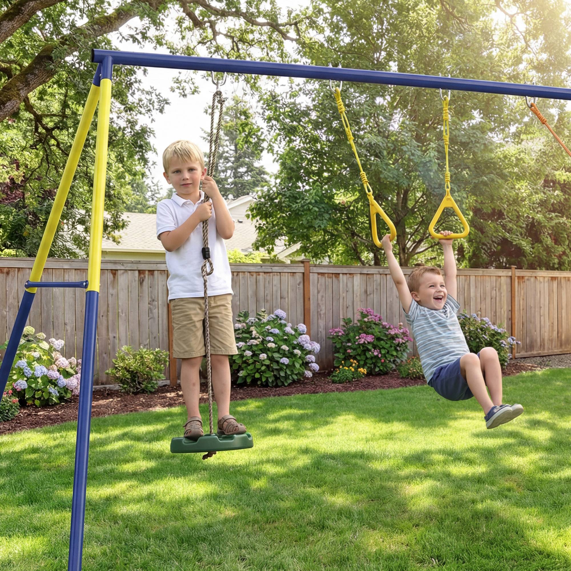 Portique balançoire extérieur enfant 3-en-1, siège de balançoire, 2 anneaux de gymnastique et balançoire à disque, polyvalent - Image 8