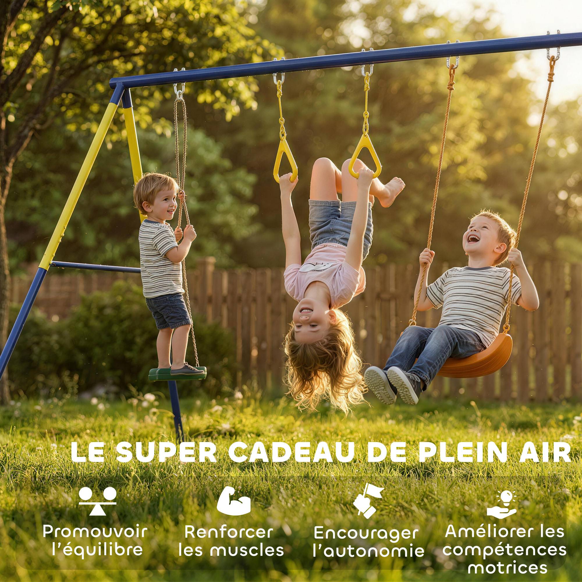 Portique balançoire extérieur enfant 3-en-1, siège de balançoire, 2 anneaux de gymnastique et balançoire à disque, polyvalent - Image 7
