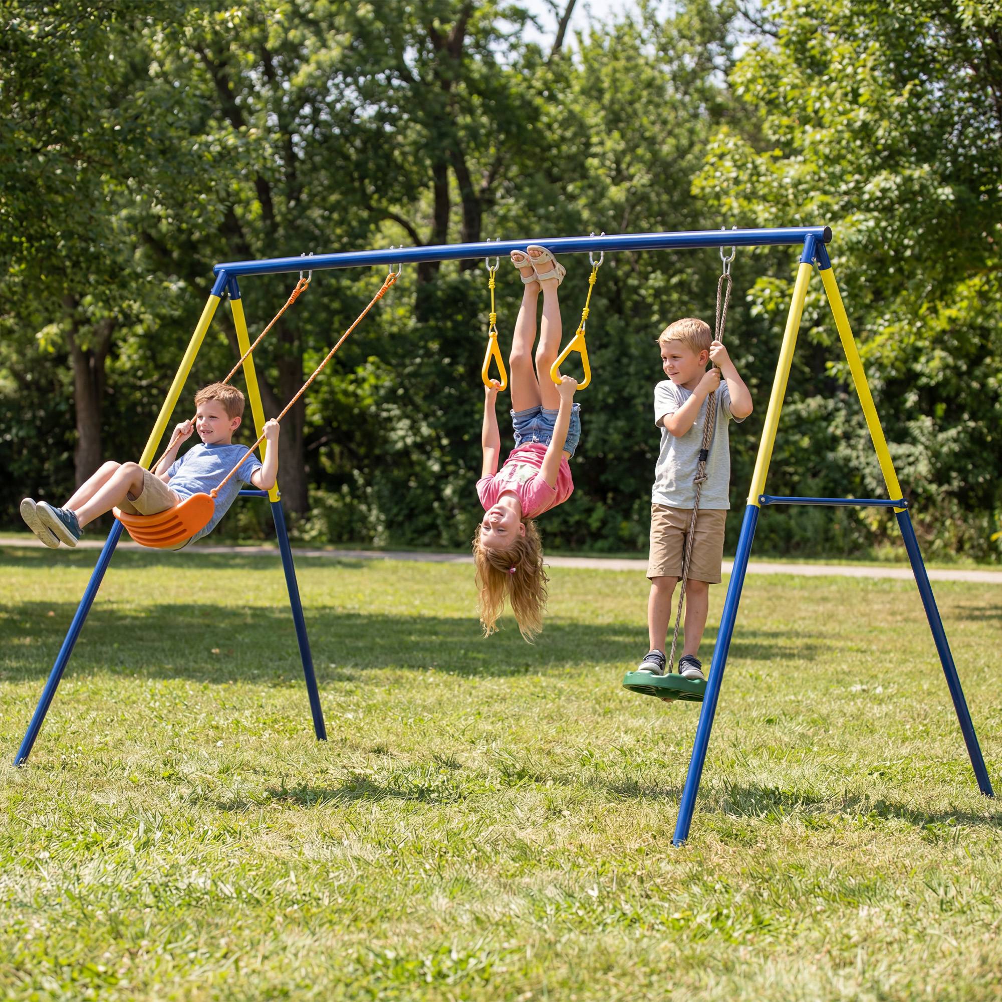 Portique balançoire extérieur enfant 3-en-1, siège de balançoire, 2 anneaux de gymnastique et balançoire à disque, polyvalent - Image 2