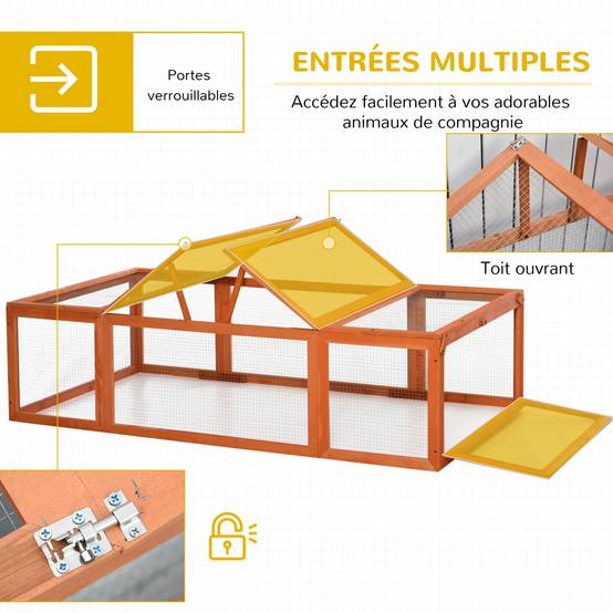 Clapier lapin extérieur cage cochon d'Inde toit ouvrable et portes verrouillables 180 x 90 x 48 cm jaune - Image 7