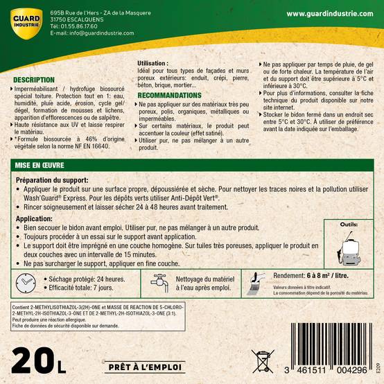 Imperméabilisant Toit Incolore Haute Performance Formule Végétale ImperGuard Spécial Toit Toute Tuile 5ans Sec 30 min 20L 200m2 - Image 6