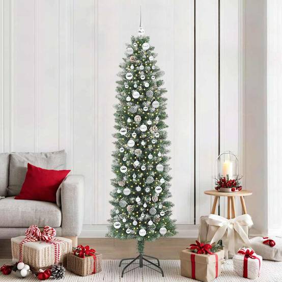 ComfortXL - Sapin Artificiel Haut et Fin 210 cm Floconné, avec Guirlande 300 LED et 120 Boules – ComfortXL Outdoor Living - Image 1