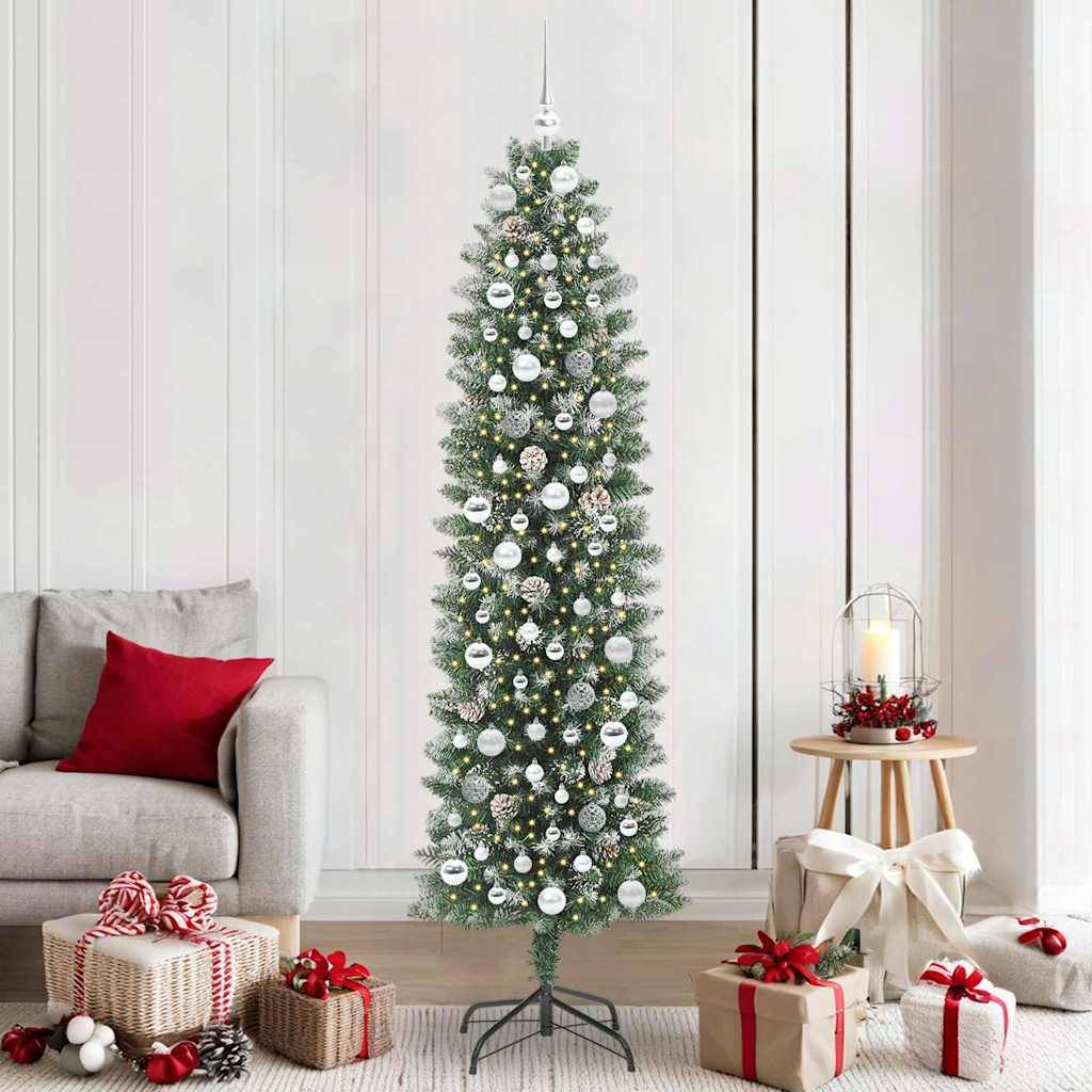 ComfortXL - Sapin Artificiel Haut et Fin 210 cm Floconné, avec Guirlande 300 LED et 120 Boules – ComfortXL Outdoor Living - Image 1