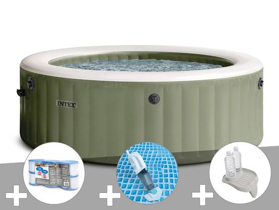 Kit spa gonflable Intex PureSpa Olive rond Bulles 4 places + 6 filtres + Aspirateur + Porte-verre