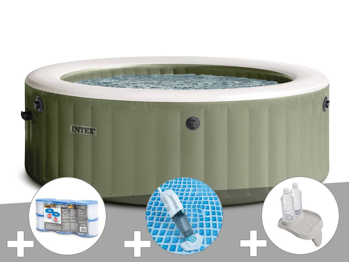 Kit spa gonflable Intex PureSpa Olive rond Bulles 4 places + 6 filtres + Aspirateur + Porte-verre