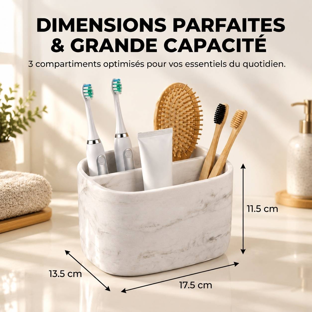 Support Brosse à Dents Électrique 3 Compartments Effet Marbre Stable et Multifonction - Image 2