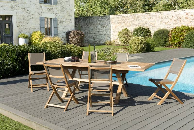 Macabane - FUN - Ensemble de jardin table 180*240 bois teck / fauteuils gris - Imagen 2