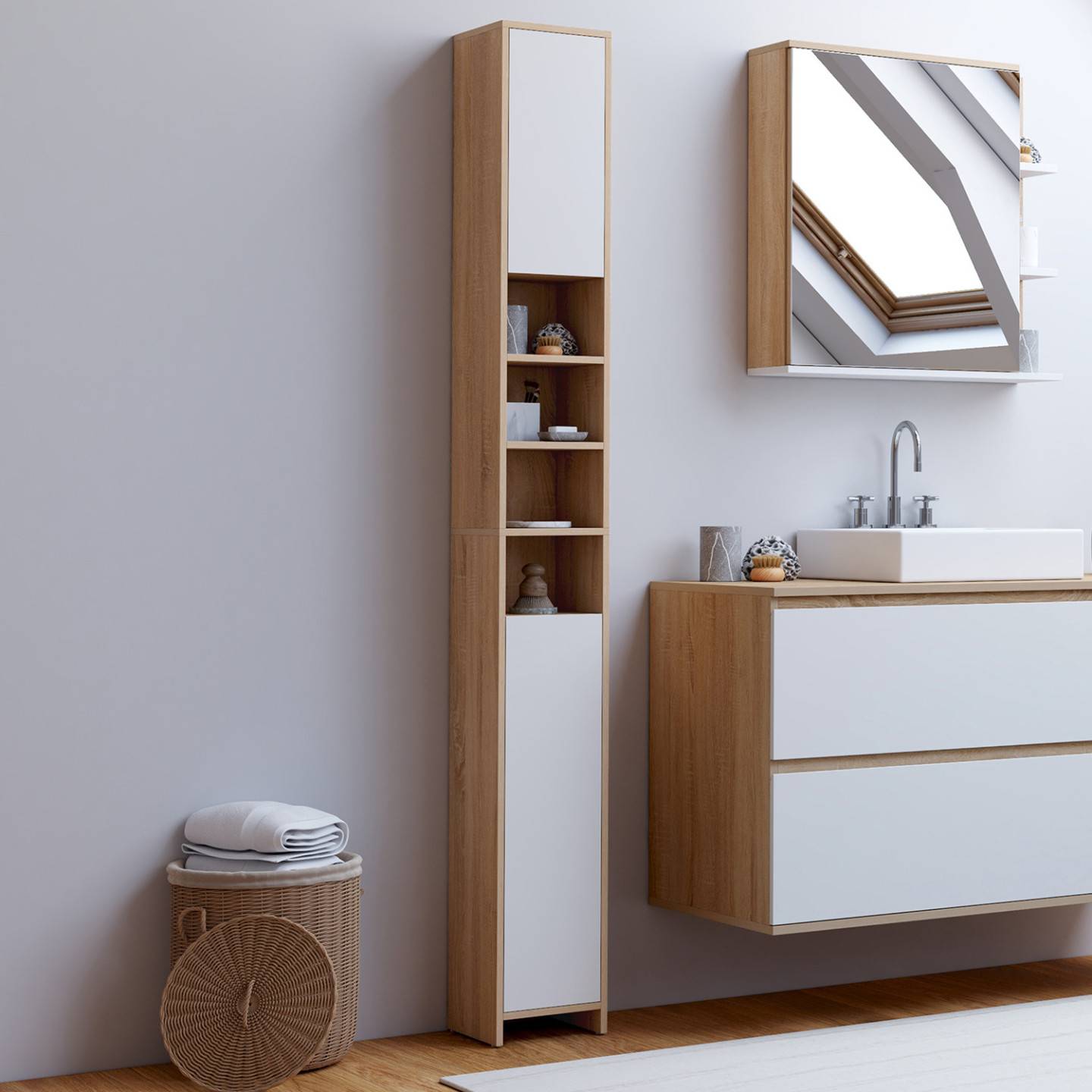 Meuble colonne salle de bain TOMI 2 portes 4 niches façon hêtre et blanc - Image 1