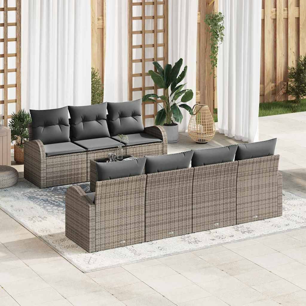 Canapé Extérieur XXL 8 Pcs Polyrotin Gris Coussins Déhoussables Table Verre – ComfortXL Outdoor Living - Image 1
