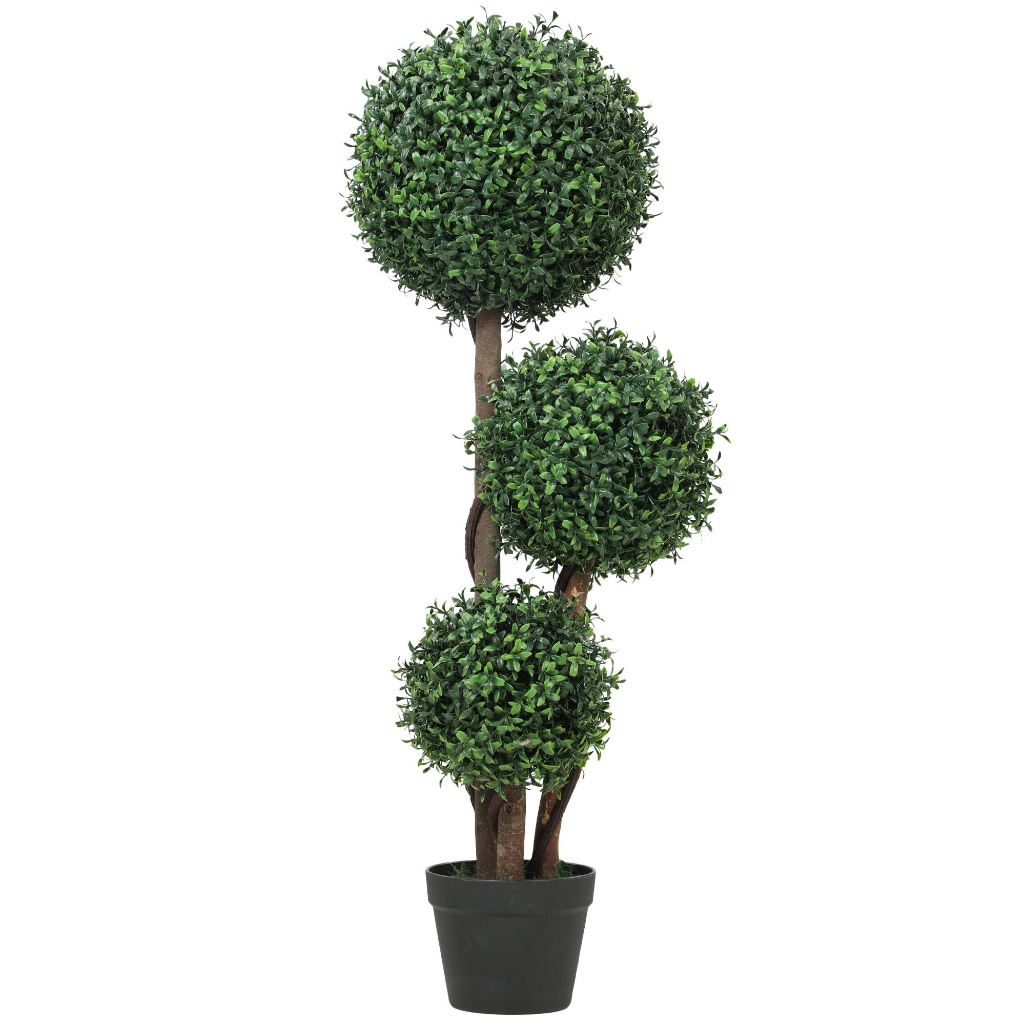 Boule de buis artificielle triple, plante artificielle avec tronc bois en pot, 30x30x100 cm, vert - Image 1