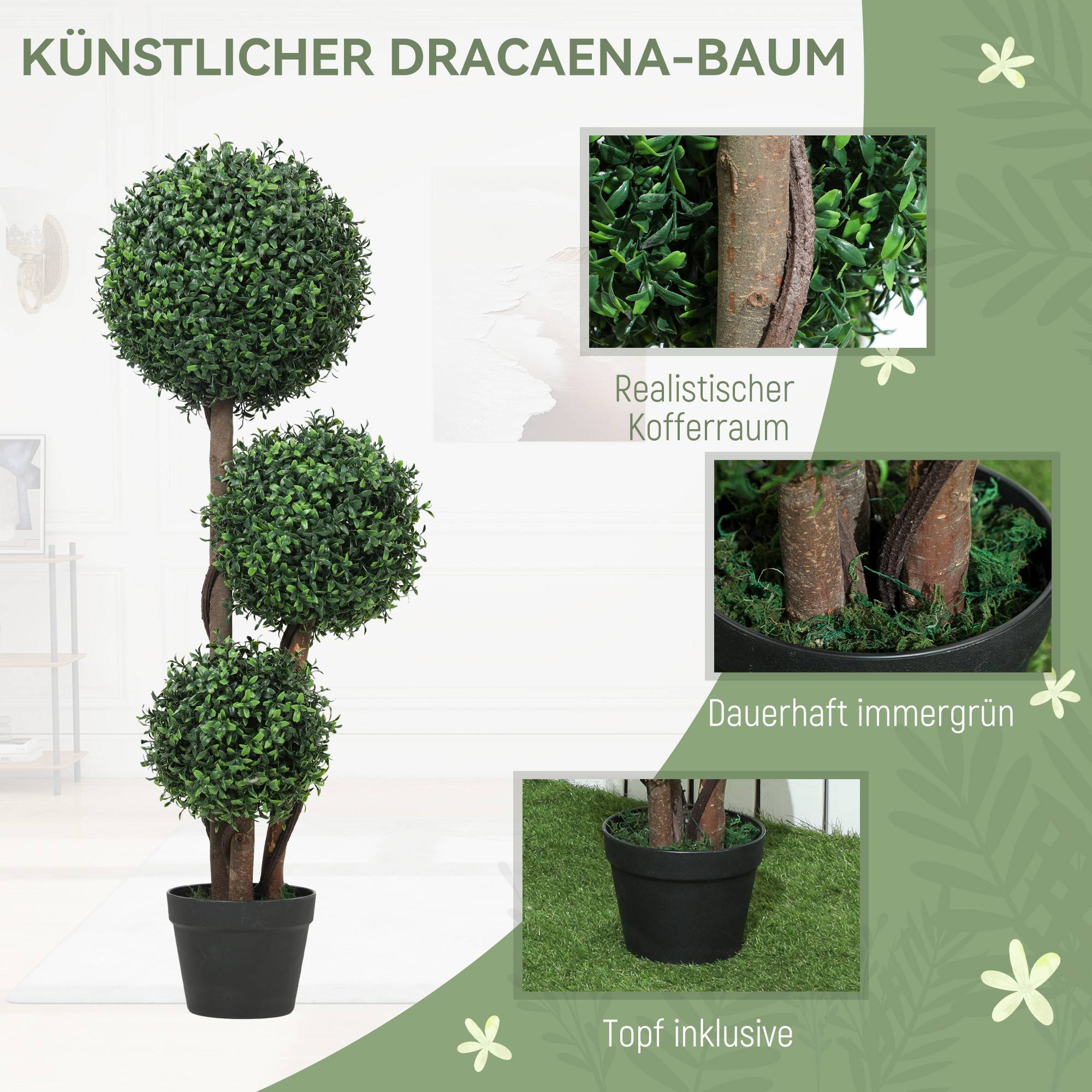 Boule de buis artificielle triple, plante artificielle avec tronc bois en pot, 30x30x100 cm, vert - Image 6