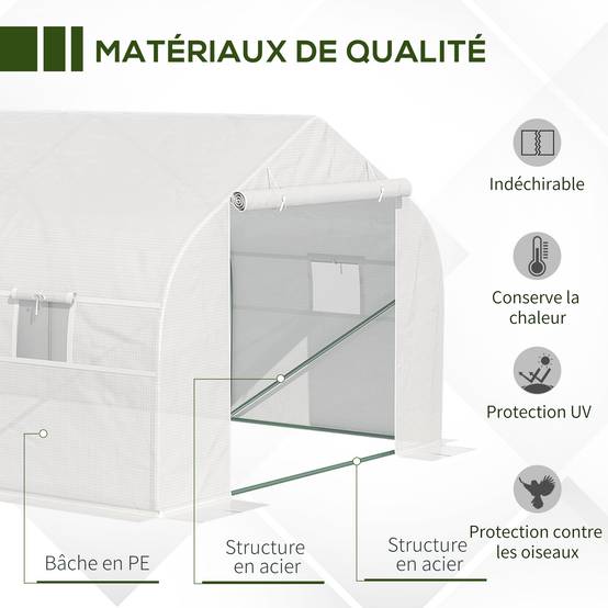 Serre Tunnel de Jardin 18 m² dim. 5,95L x 3l x 2H m Porte + 8 fenêtres enroulables Acier galvanisé bâche PE Haute densité Blanc - Image 6