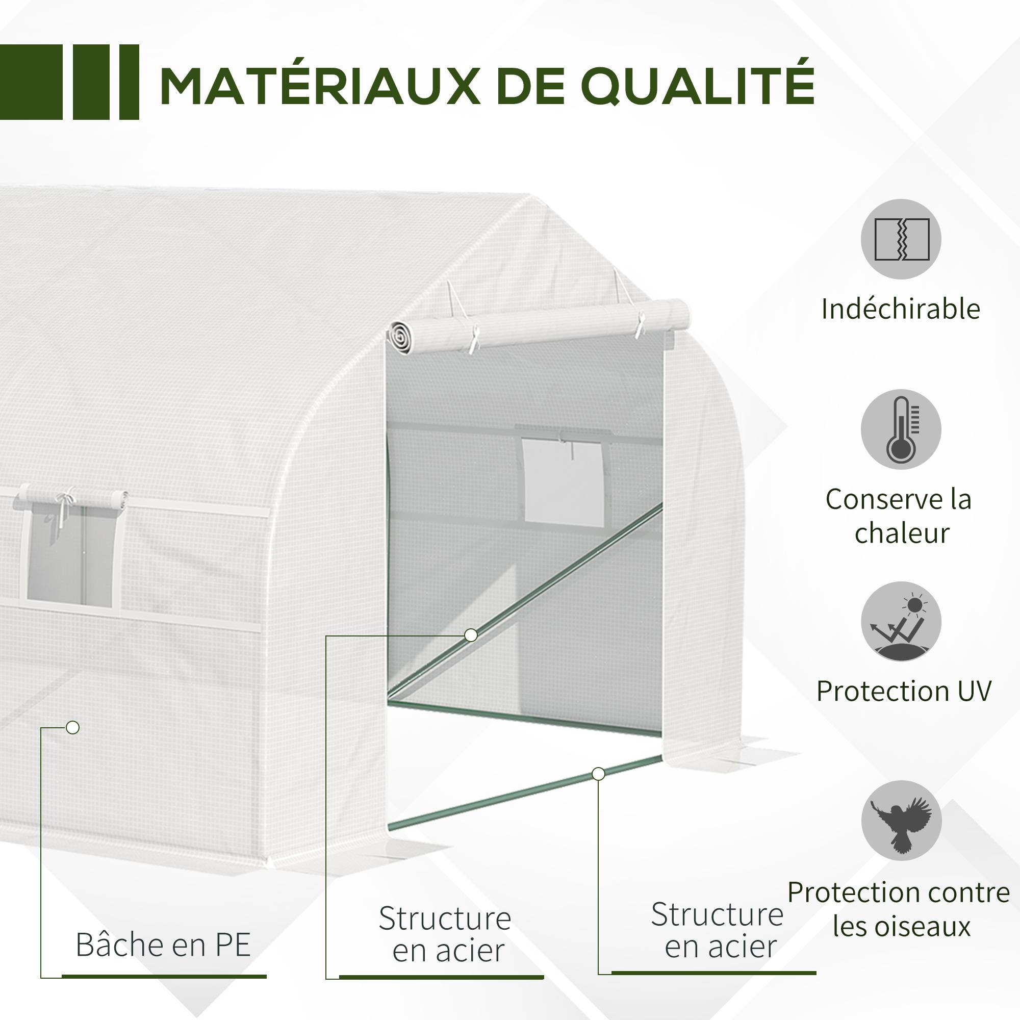 Serre Tunnel de Jardin 18 m² dim. 5,95L x 3l x 2H m Porte + 8 fenêtres enroulables Acier galvanisé bâche PE Haute densité Blanc - Image 6
