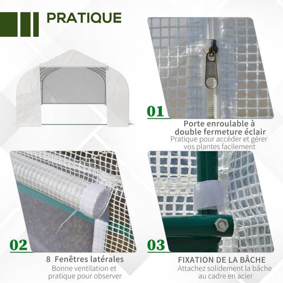 Serre Tunnel de Jardin 18 m² dim. 5,95L x 3l x 2H m Porte + 8 fenêtres enroulables Acier galvanisé bâche PE Haute densité Blanc - Image 8