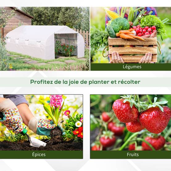 Serre Tunnel de Jardin 18 m² dim. 5,95L x 3l x 2H m Porte + 8 fenêtres enroulables Acier galvanisé bâche PE Haute densité Blanc - Image 9