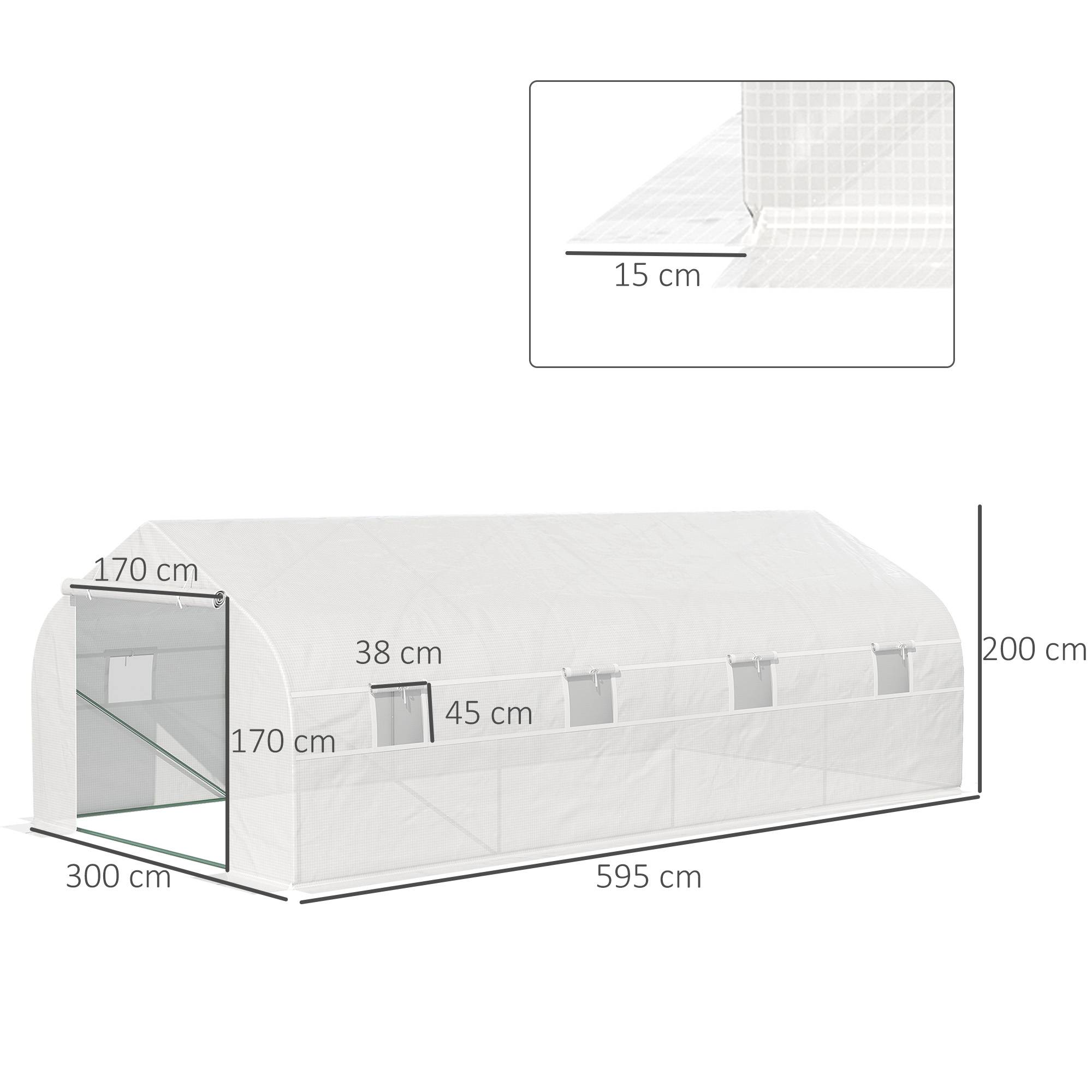 Serre Tunnel de Jardin 18 m² dim. 5,95L x 3l x 2H m Porte + 8 fenêtres enroulables Acier galvanisé bâche PE Haute densité Blanc - Image 5