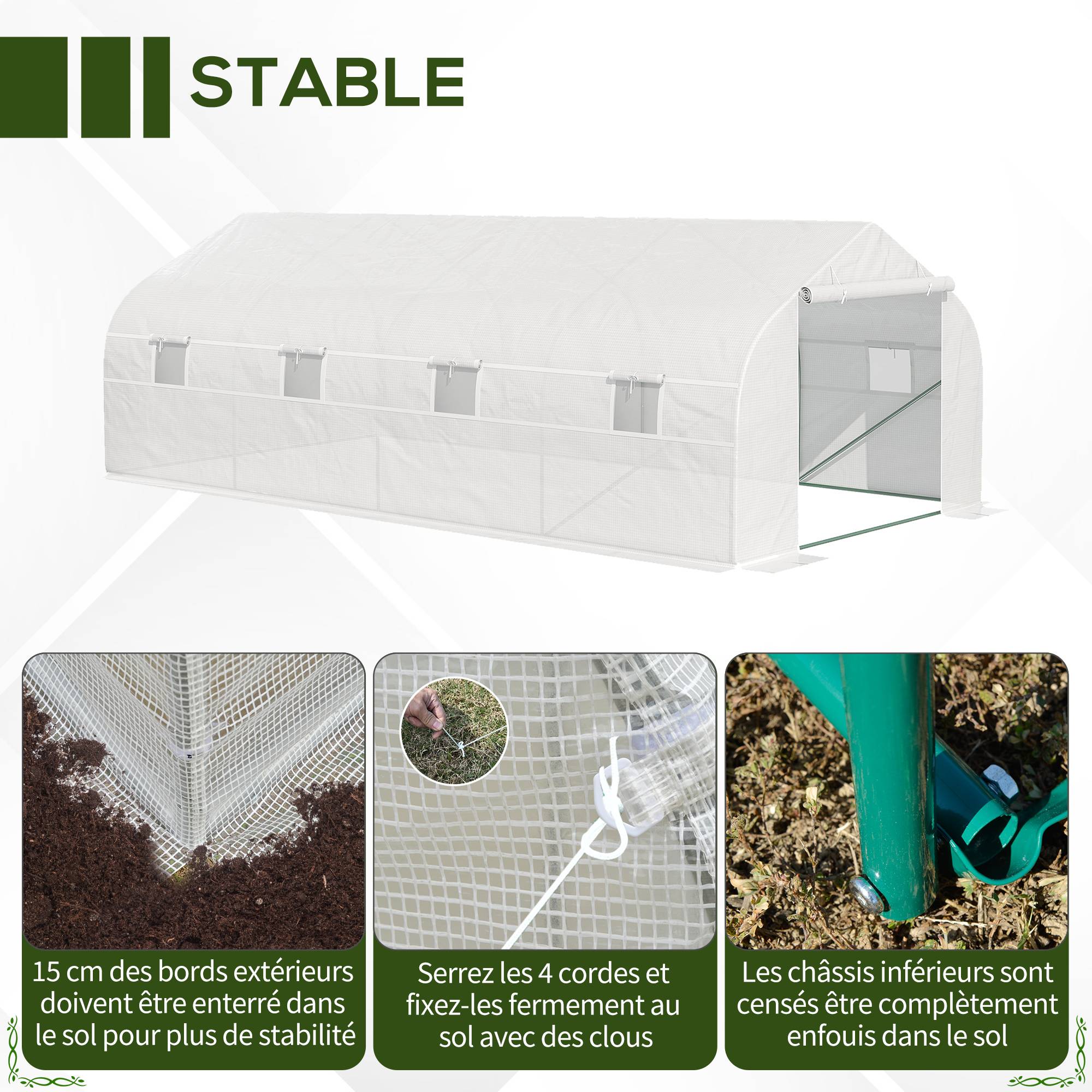 Serre Tunnel de Jardin 18 m² dim. 5,95L x 3l x 2H m Porte + 8 fenêtres enroulables Acier galvanisé bâche PE Haute densité Blanc - Image 7