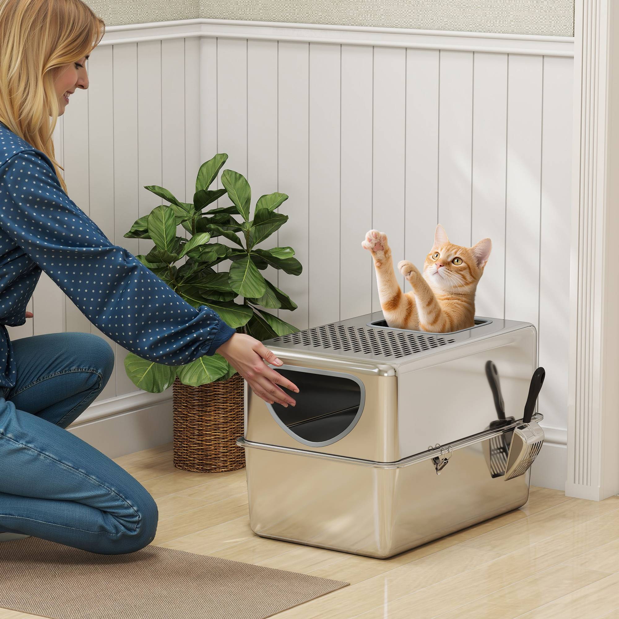 Litière chat acier inoxydable XL pelle doubles ouvertures facile nettoyer argent - Image 3