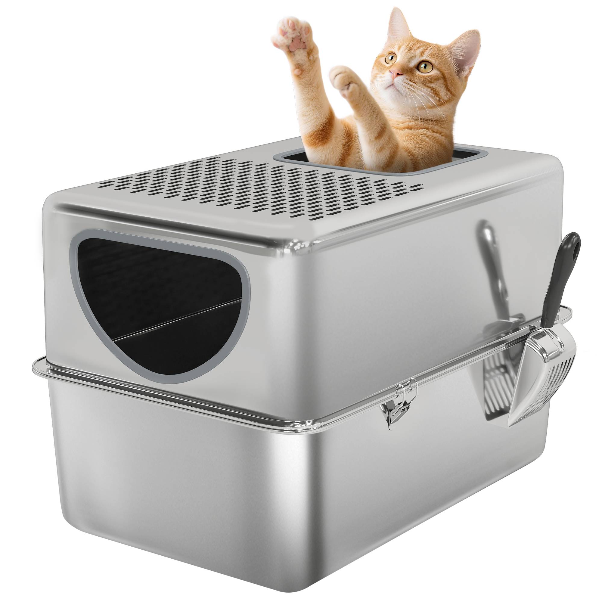 Litière chat acier inoxydable XL pelle doubles ouvertures facile nettoyer argent - Image 1