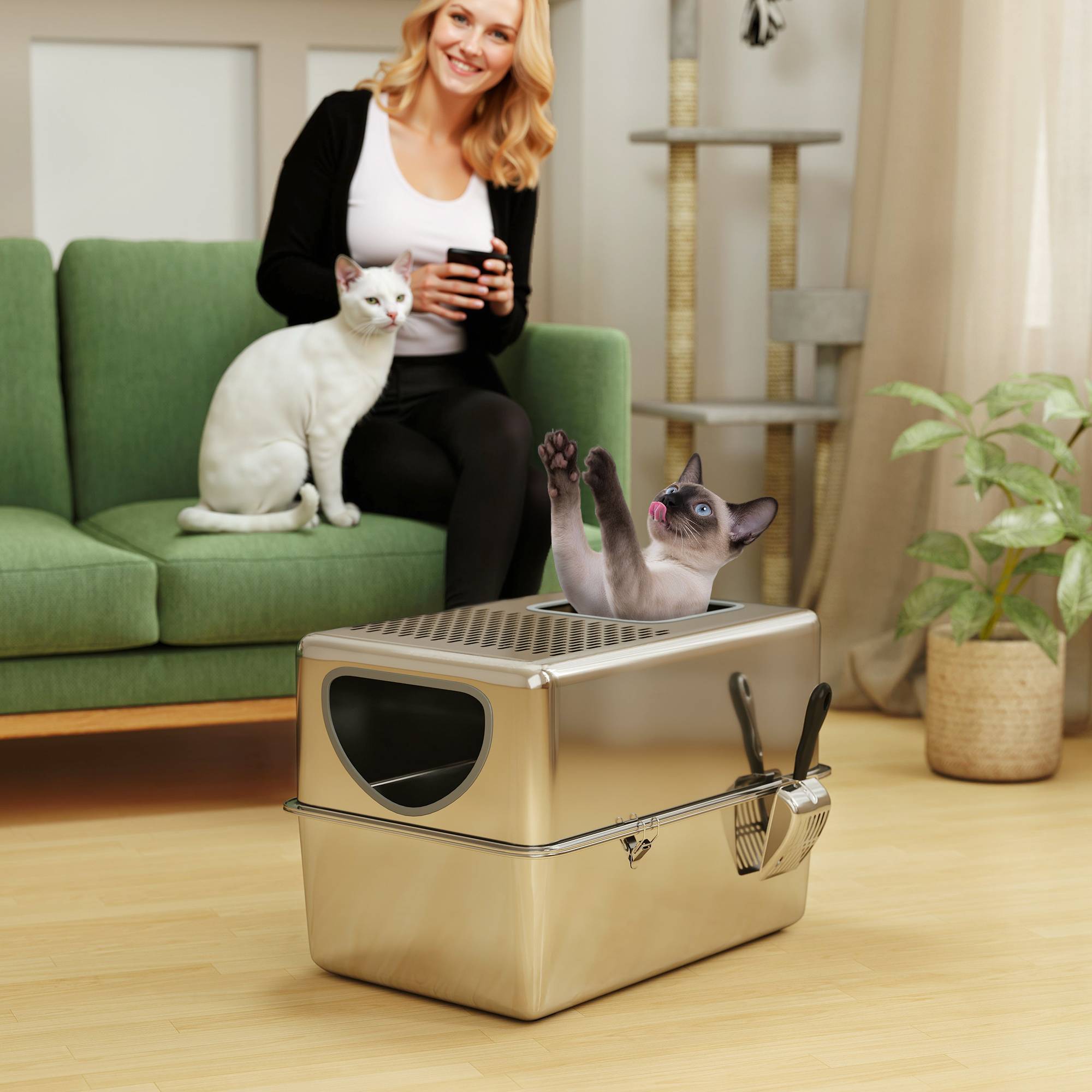 Litière chat acier inoxydable XL pelle doubles ouvertures facile nettoyer argent - Image 4