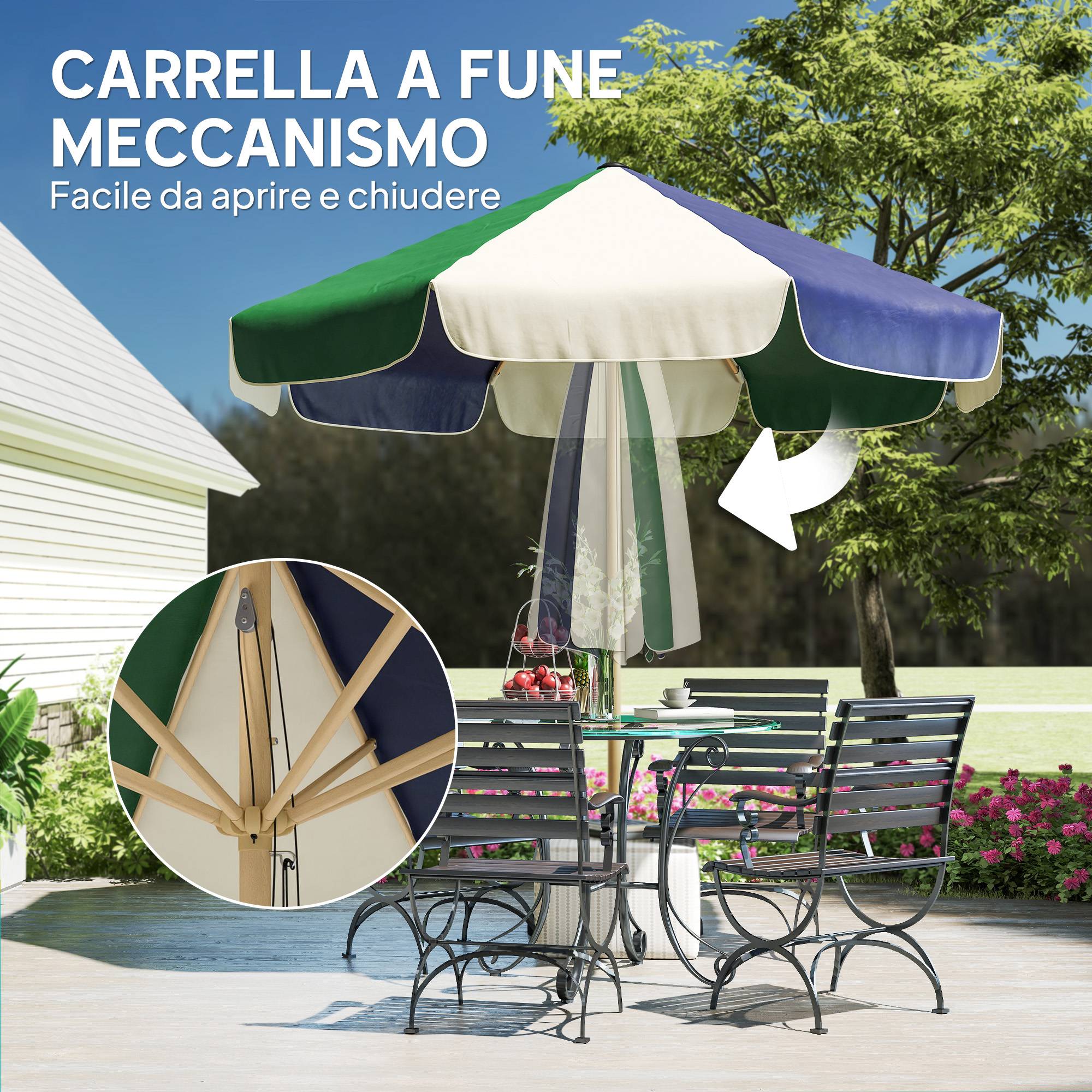 Parasol de jardin avec structure effet bois, toit à blocs de couleur avec 8 baleines, UV 30+ - Image 9
