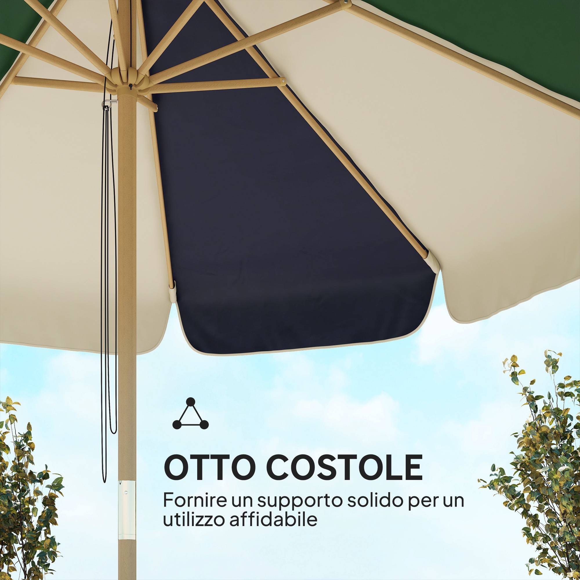 Parasol de jardin avec structure effet bois, toit à blocs de couleur avec 8 baleines, UV 30+ - Image 8
