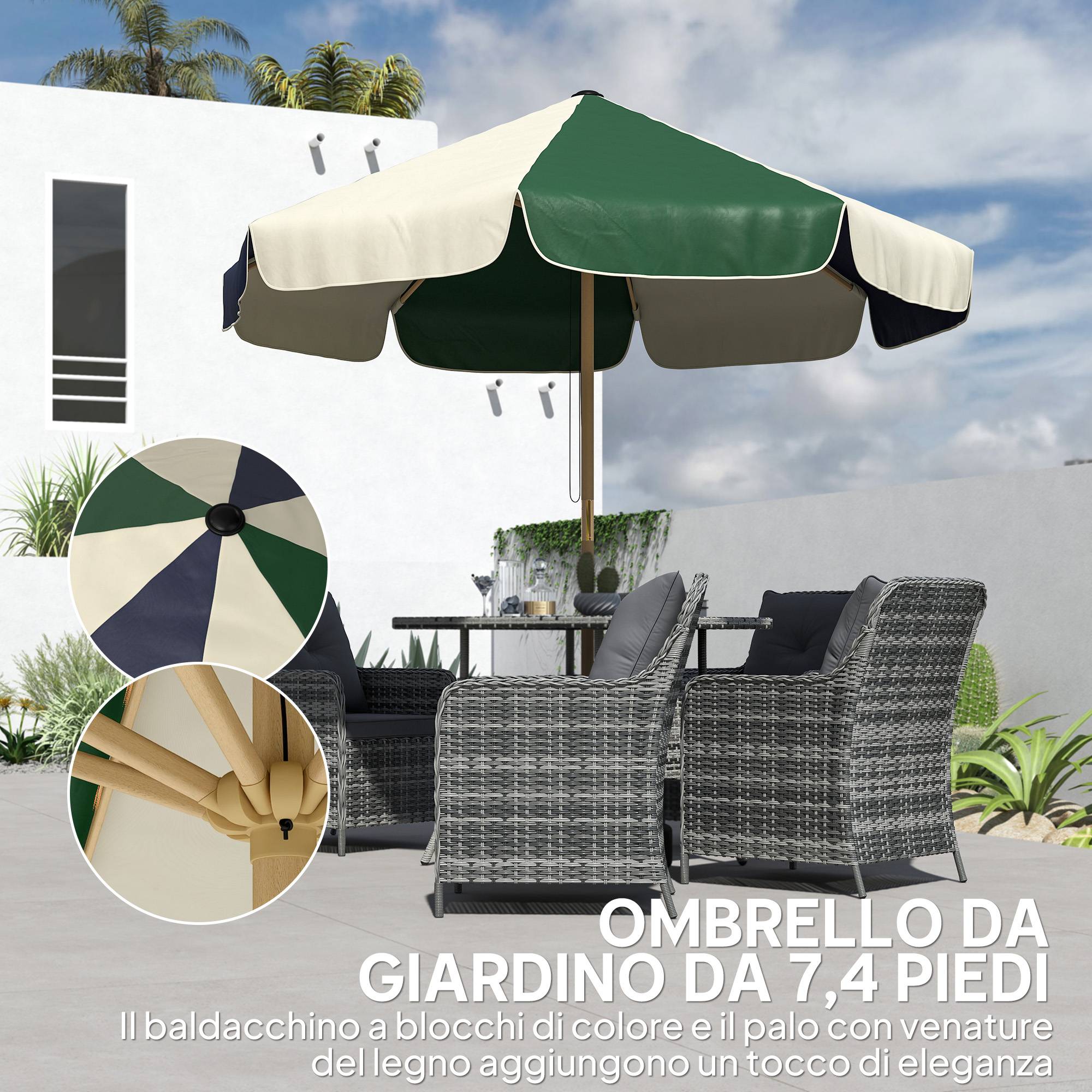 Parasol de jardin avec structure effet bois, toit à blocs de couleur avec 8 baleines, UV 30+ - Image 6