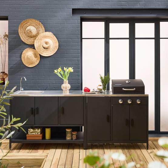 Cuisine extérieure Naxos 2 modules acier inoxydable noir barbecue gaz 3 brûleurs avec évier | sweeek - Image 1