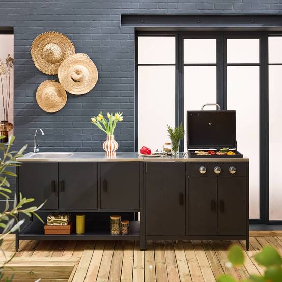 Cuisine extérieure Naxos 2 modules acier inoxydable noir barbecue gaz 3 brûleurs avec évier | sweeek - Image 3
